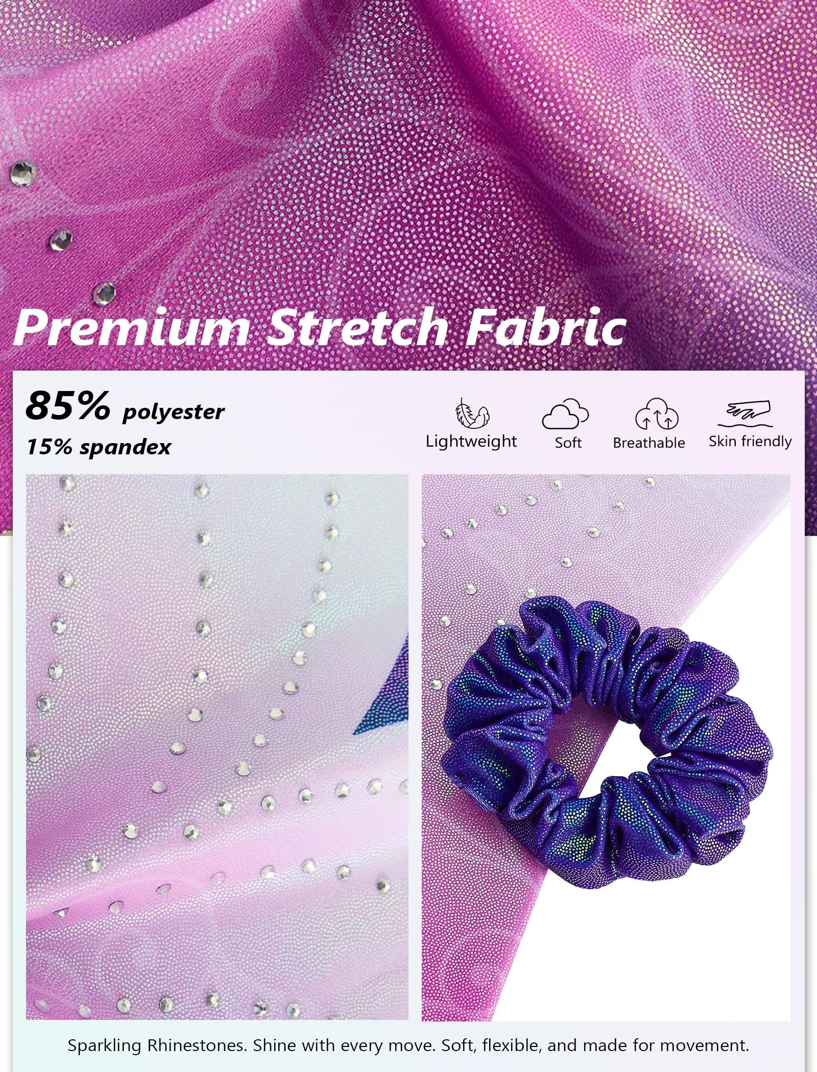 Gogokids Body da ginnastica per ragazze con strass, pantaloncini ed elastico per capelli, C-viola, 3-4 anni - immagine 2
