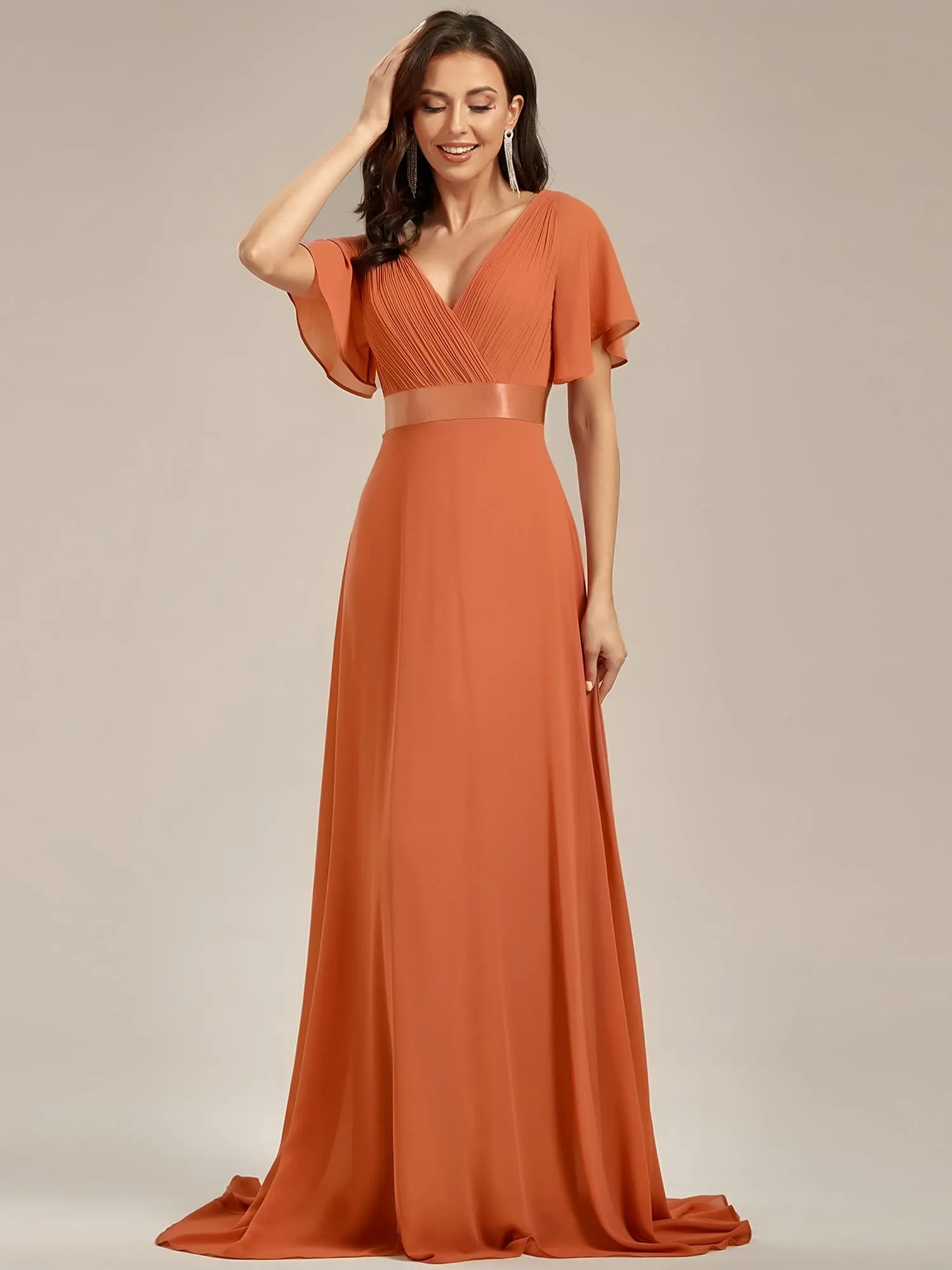 Ever-Pretty Vestito da Cerimonia Donna Scollo a V Linea ad A con Spacco Stile Impero, Melone al Brandy, 48 - immagine 5