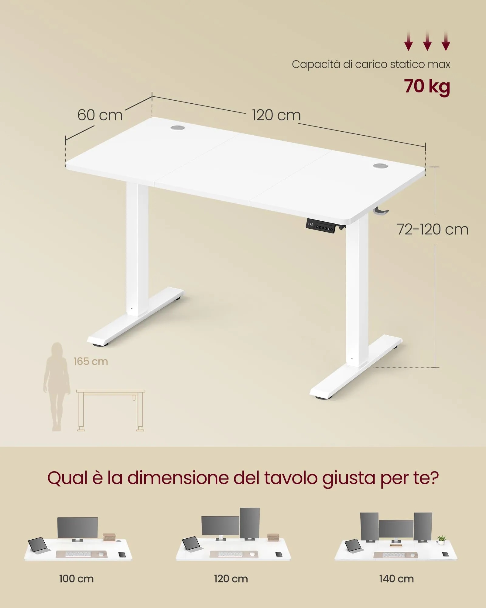 VASAGLE Scrivania Elettrica Regolabile in Altezza, 120x60x(72-120) cm, Bianco Nuvola - immagine 3