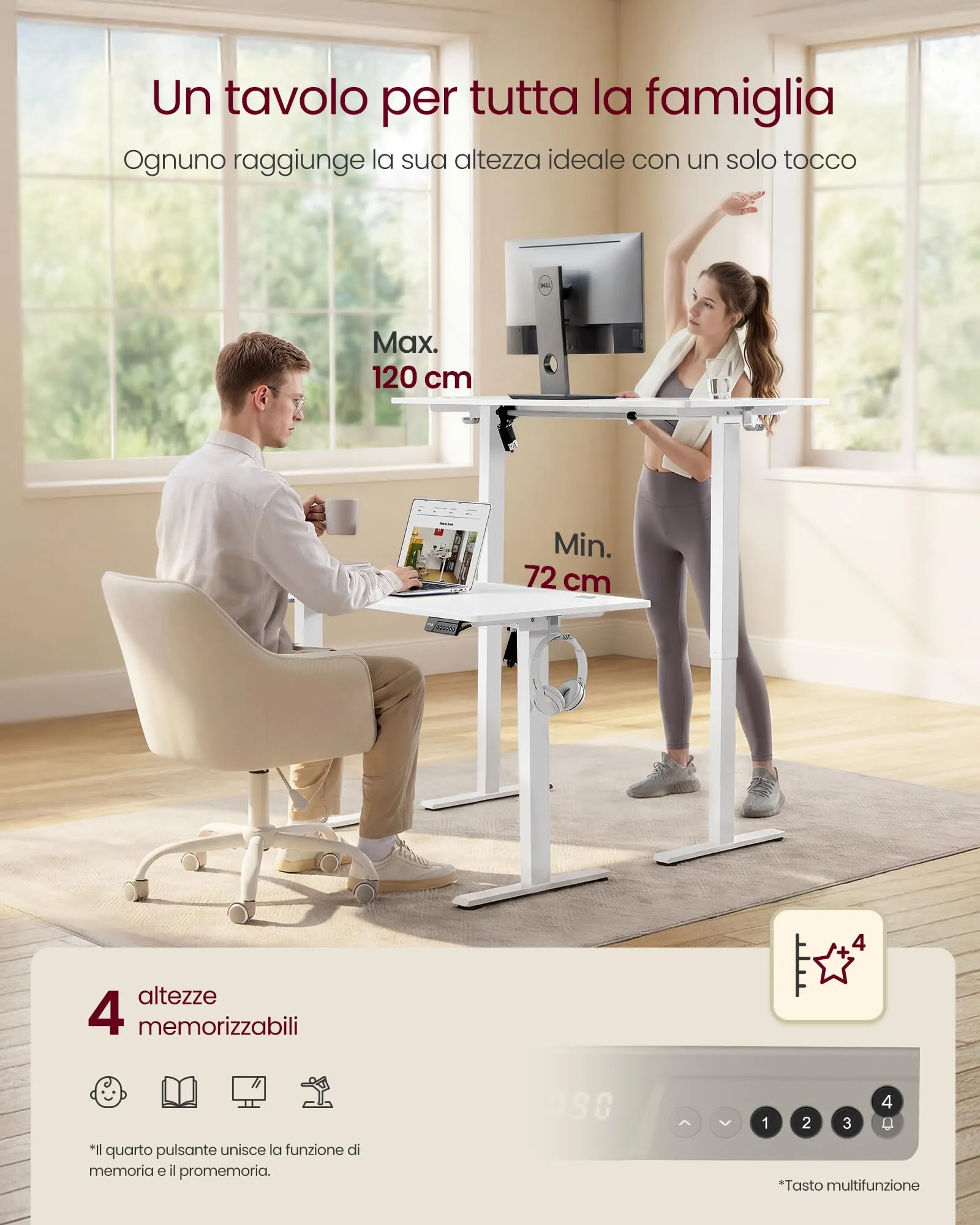 VASAGLE Scrivania Elettrica Regolabile in Altezza, 120x60x(72-120) cm, Bianco Nuvola - immagine 4