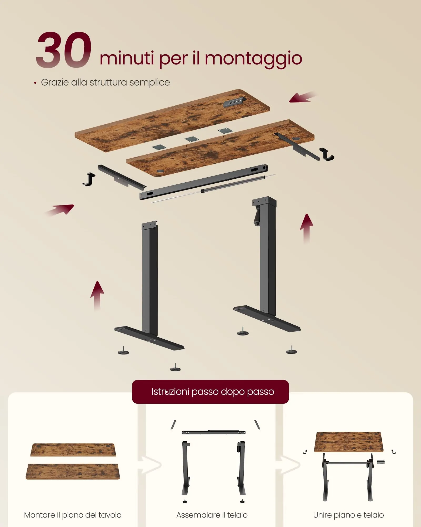 VASAGLE Scrivania Elettrica Regolabile in Altezza, 100x60x(72-120) cm, Marrone Vintage - immagine 6