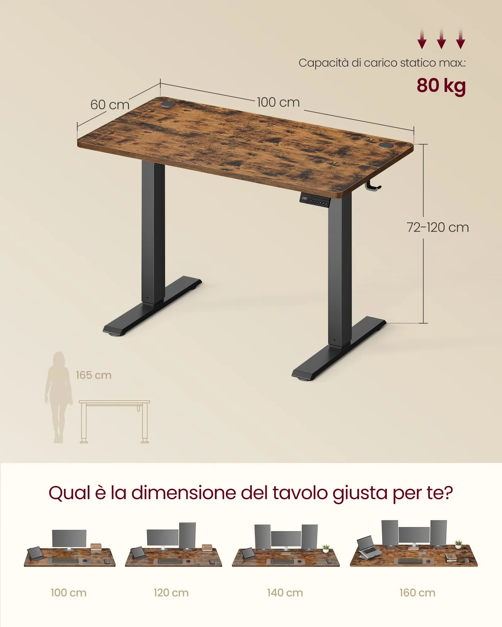 VASAGLE Scrivania Elettrica Regolabile in Altezza, 100x60x(72-120) cm, Marrone Vintage - immagine 7