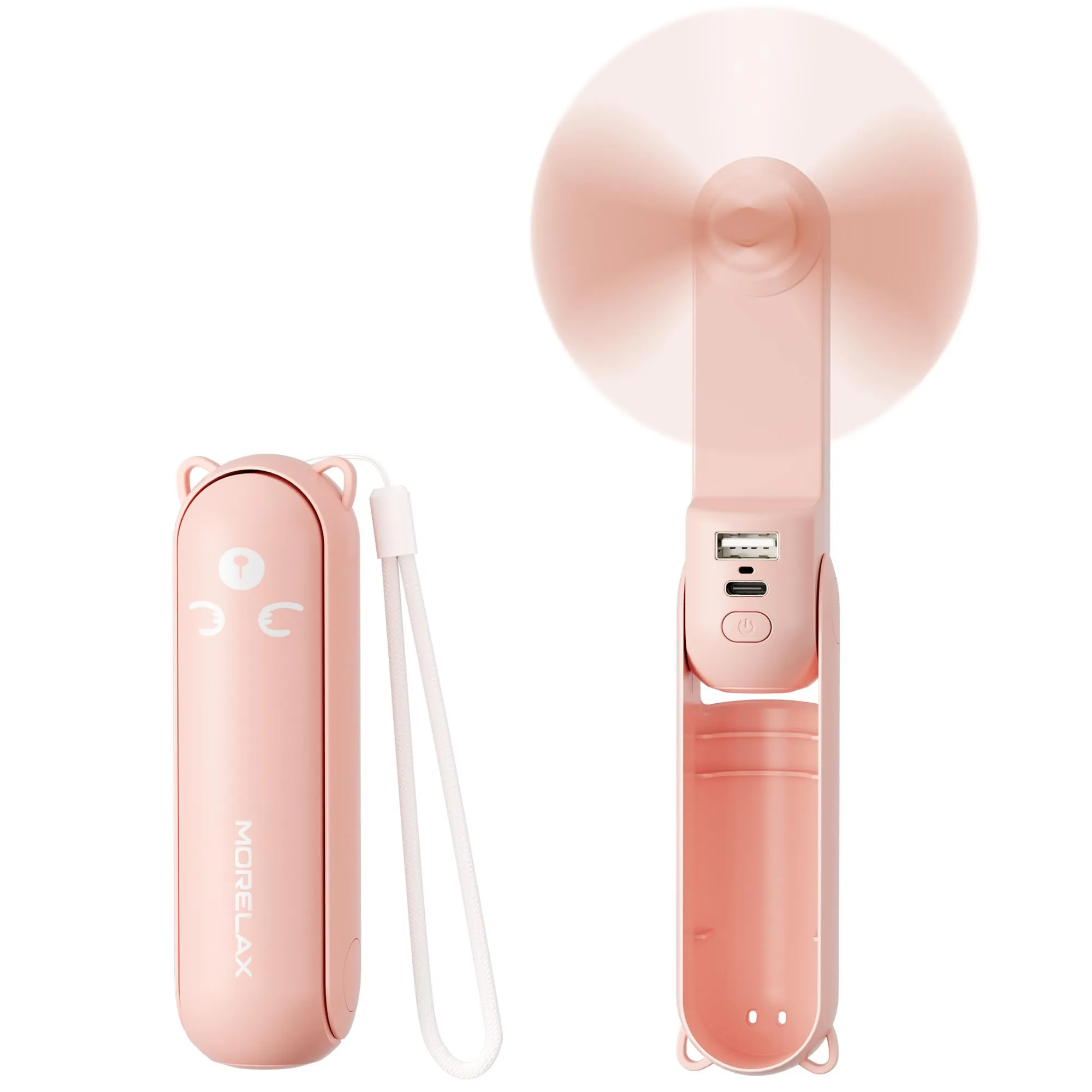 Morelax Mini Ventilatore Portatile 3 in 1 USB, Pieghevole, con Power Bank e Torcia (Rosa) - immagine 1