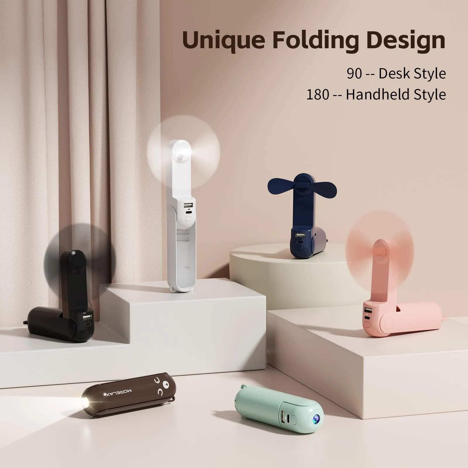 Morelax Mini Ventilatore Portatile 3 in 1 USB, Pieghevole, con Power Bank e Torcia (Rosa) - immagine 3