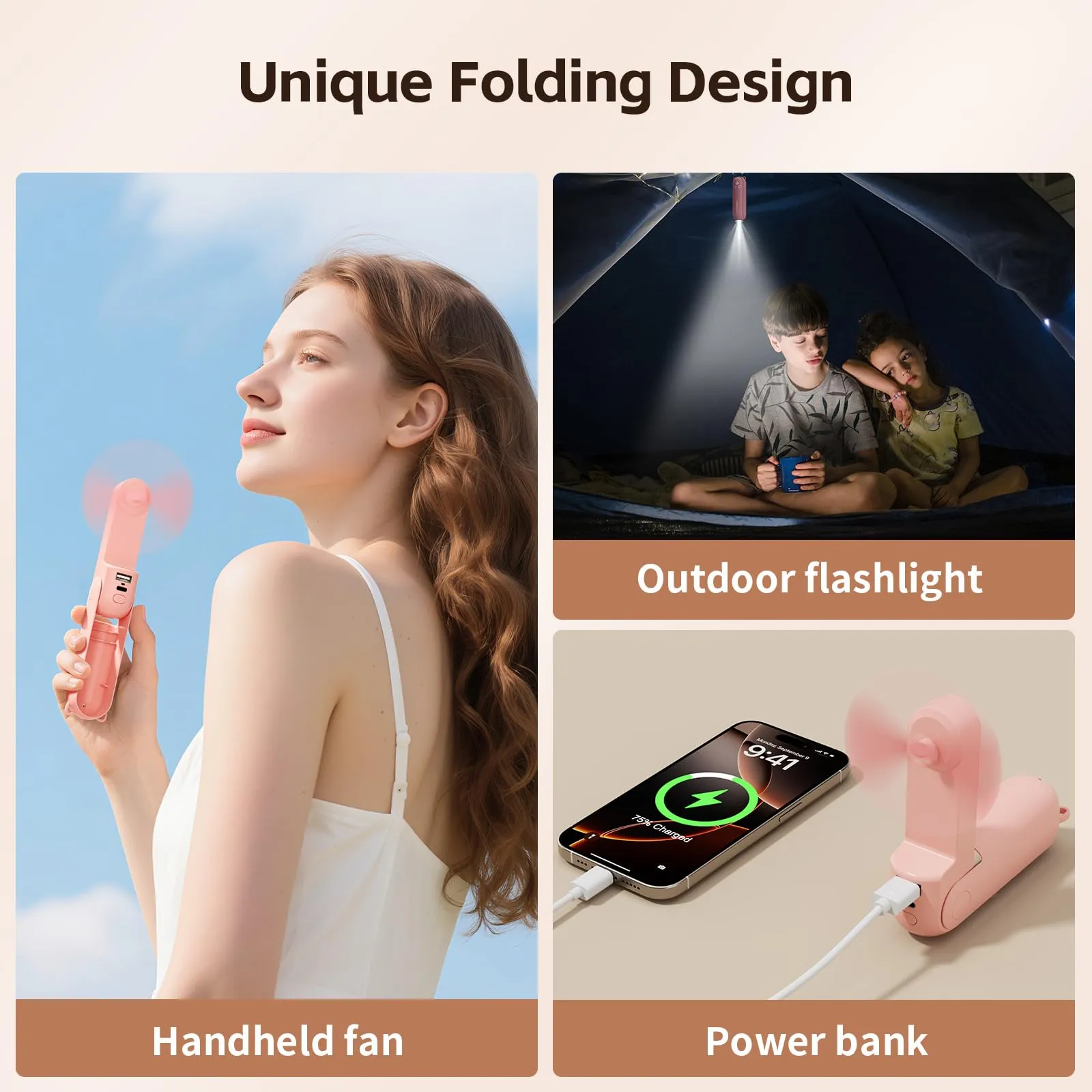 Morelax Mini Ventilatore Portatile 3 in 1 USB, Pieghevole, con Power Bank e Torcia (Rosa) - immagine 4