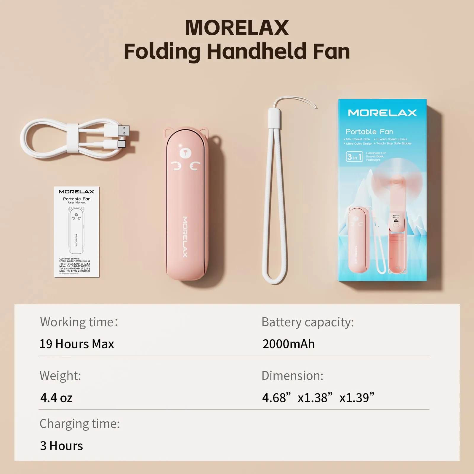 Morelax Mini Ventilatore Portatile 3 in 1 USB, Pieghevole, con Power Bank e Torcia (Rosa) - immagine 9