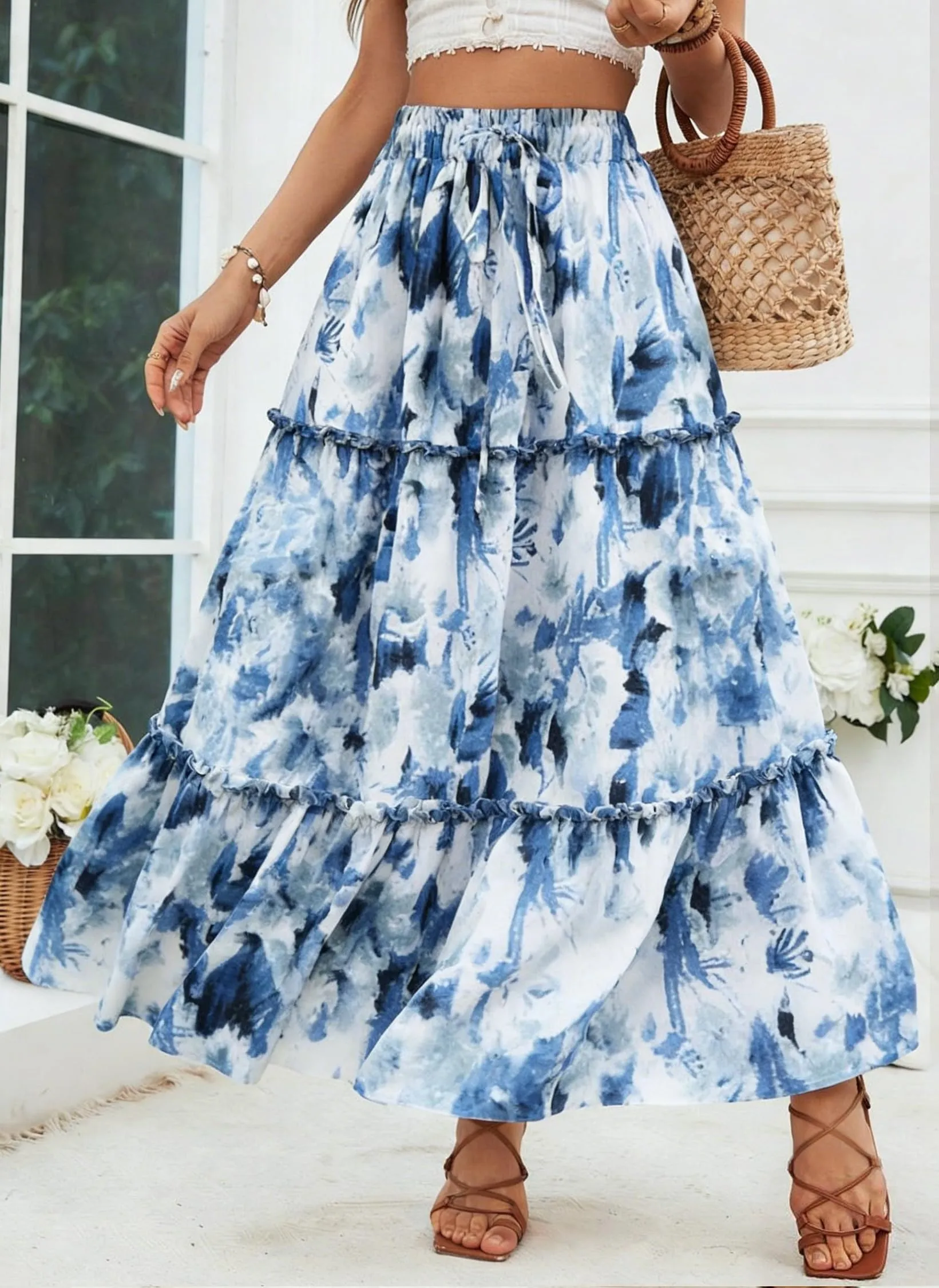 Vossmi Gonna Casual da Donna Estiva Svasata Vita Alta Midi Pieghettata con Coulisse, Blu e Bianco, L - immagine 5