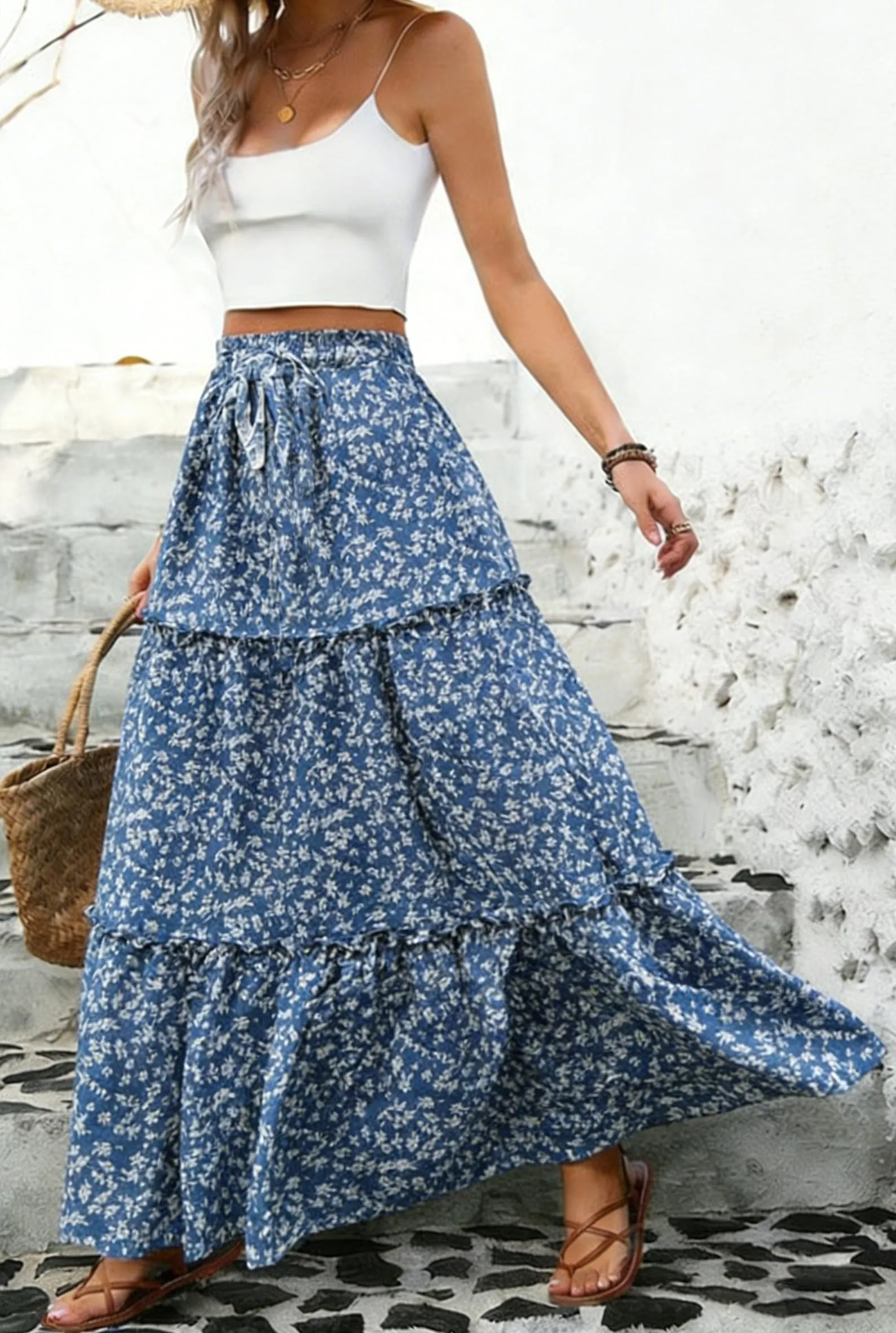 Vossmi Gonna Lunga Donna Maxi A-Line con Vita Alta Elastica e Coulisse, Blu, S - immagine 4
