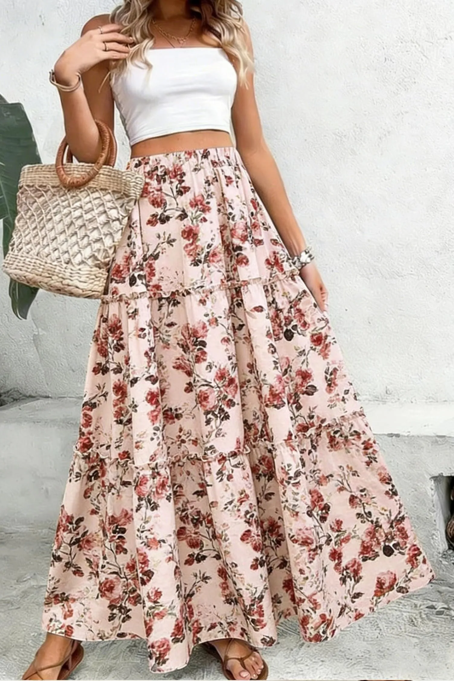 Vossmi Gonna Lunga Donna Maxi A-Line con Vita Alta Elastica e Coulisse, Rosa, L - immagine 2