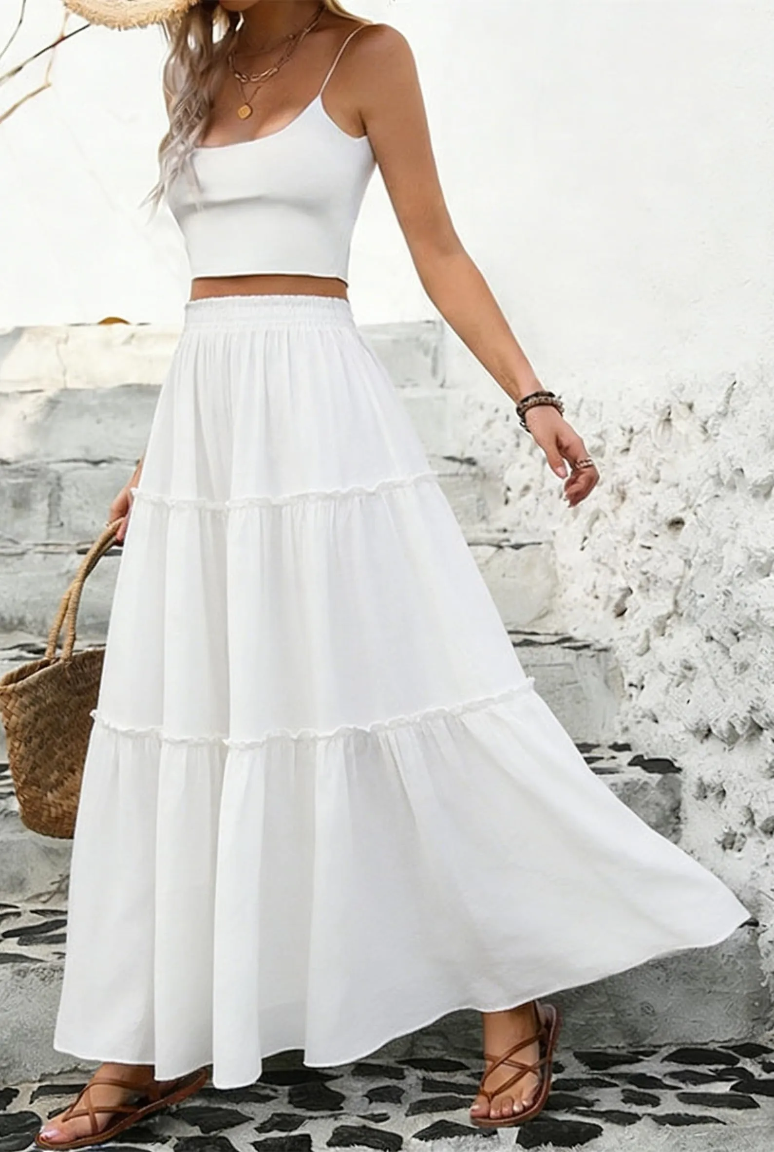 Vossmi Gonna Lunga Casual da Donna, Vita Alta Boho Floreale A-Line con Tasche, Bianco, S - immagine 2