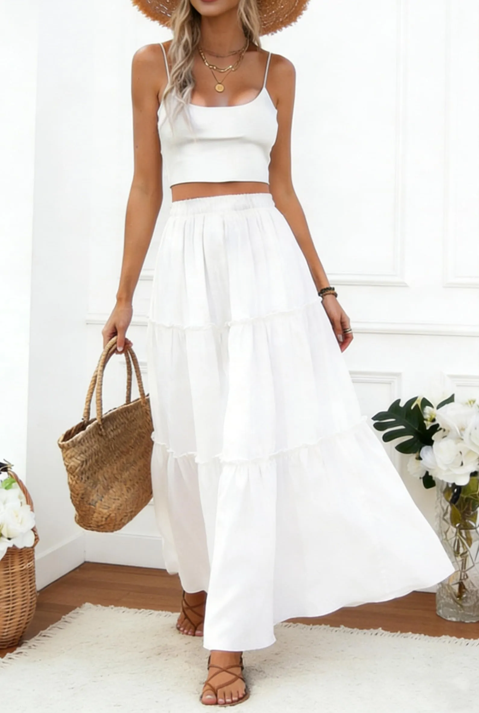Vossmi Gonna Lunga Casual da Donna, Vita Alta Boho Floreale A-Line con Tasche, Bianco, S - immagine 4