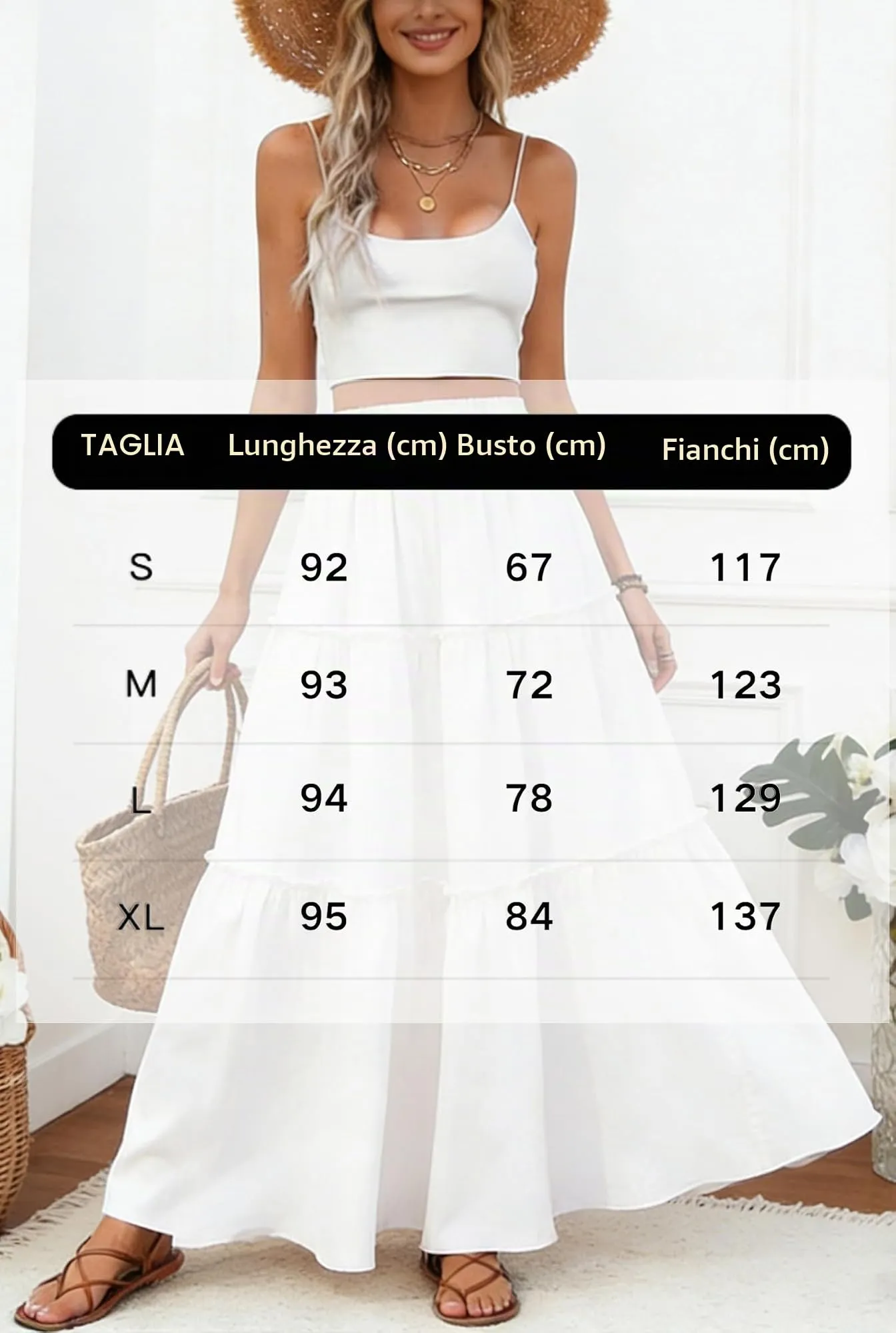 Vossmi Gonna Lunga Casual da Donna, Vita Alta Boho Floreale A-Line con Tasche, Bianco, S - immagine 6