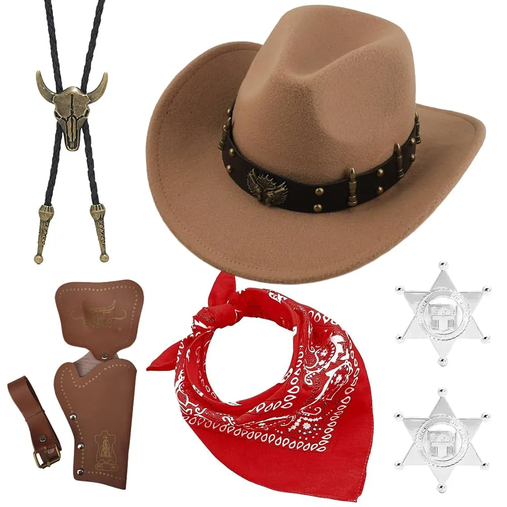 WFKKMEQ Costume da Cowboy, Set di 7 Accessori con Cappello, Bandana, Fondine, Cinture, Collana e Distintivo (Marrone) - immagine 1