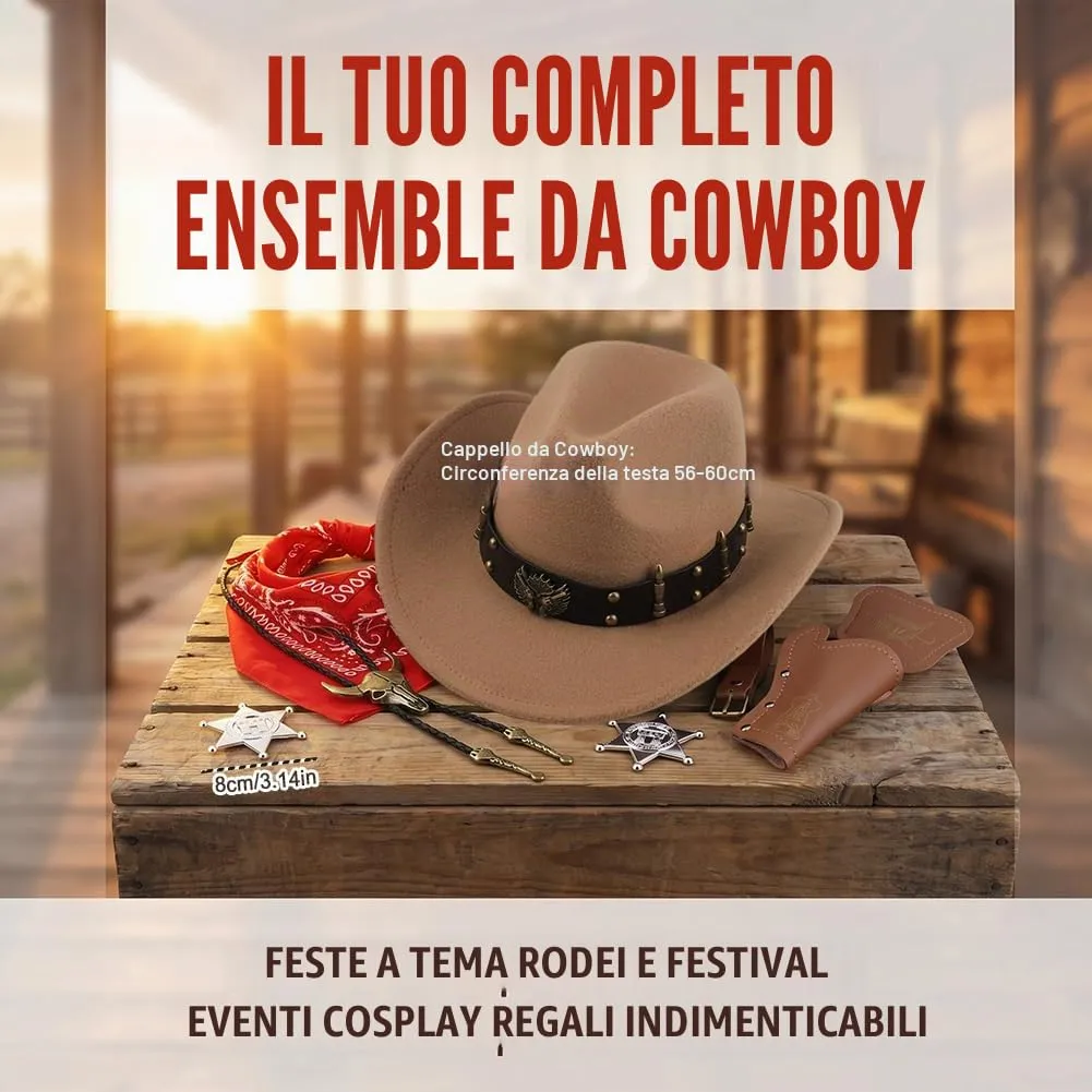 WFKKMEQ Costume da Cowboy, Set di 7 Accessori con Cappello, Bandana, Fondine, Cinture, Collana e Distintivo (Marrone) - immagine 2