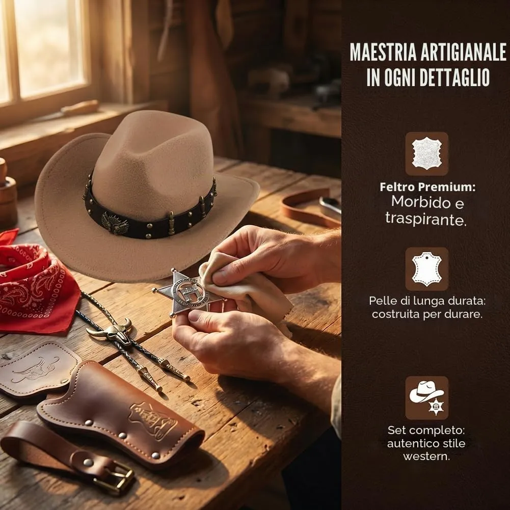 WFKKMEQ Costume da Cowboy, Set di 7 Accessori con Cappello, Bandana, Fondine, Cinture, Collana e Distintivo (Marrone) - immagine 3