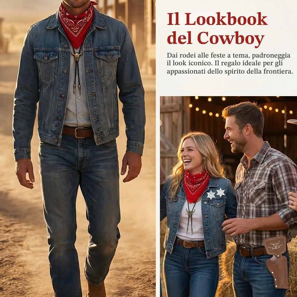 WFKKMEQ Costume da Cowboy, Set di 7 Accessori con Cappello, Bandana, Fondine, Cinture, Collana e Distintivo (Marrone) - immagine 6