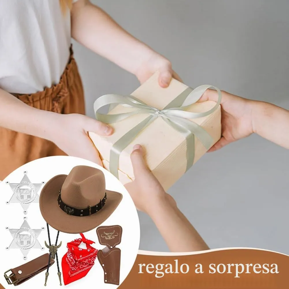 WFKKMEQ Costume da Cowboy, Set di 7 Accessori con Cappello, Bandana, Fondine, Cinture, Collana e Distintivo (Marrone) - immagine 7