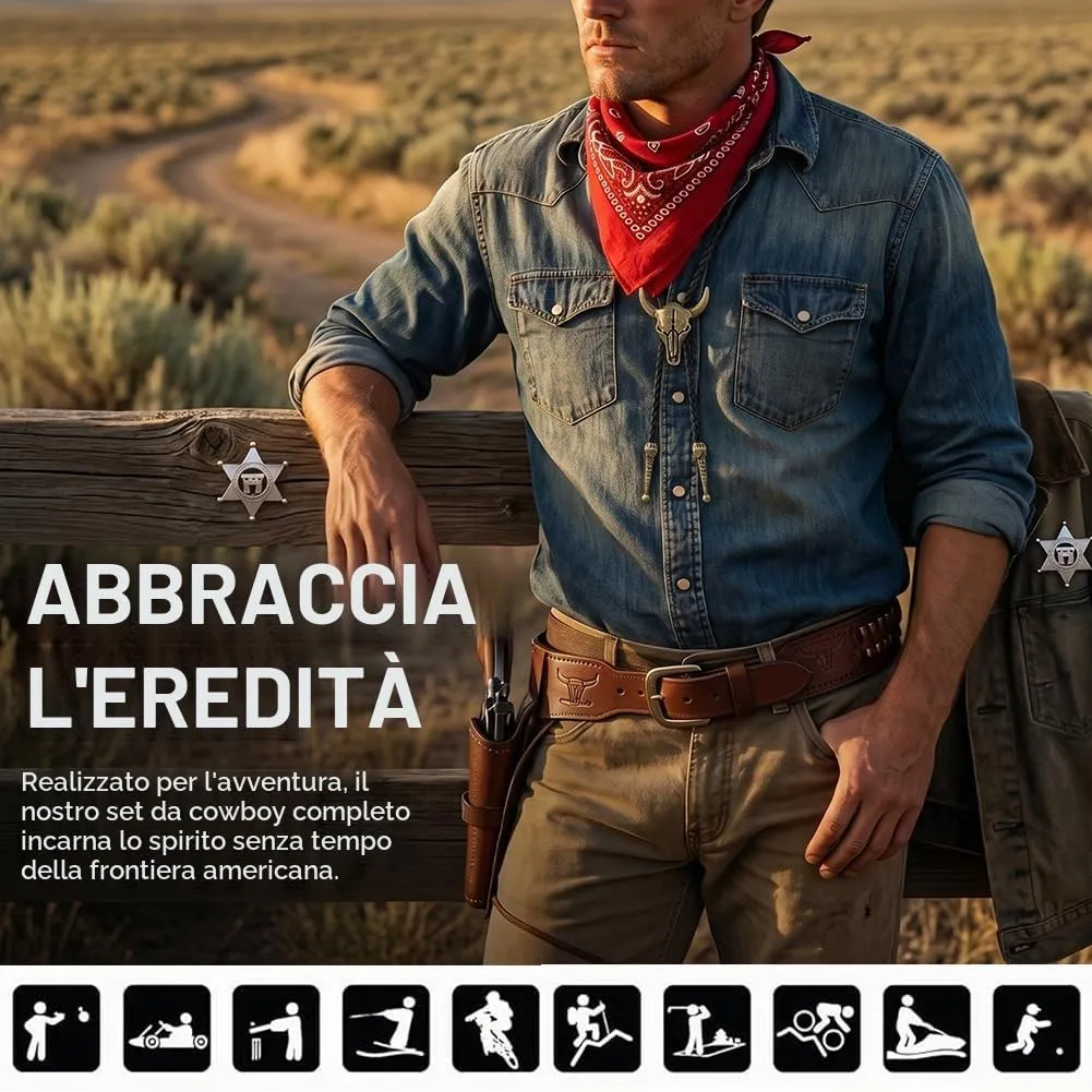 WFKKMEQ Costume da Cowboy, Set di 7 Accessori con Cappello, Bandana, Fondine, Cinture, Collana e Distintivo (Marrone) - immagine 8