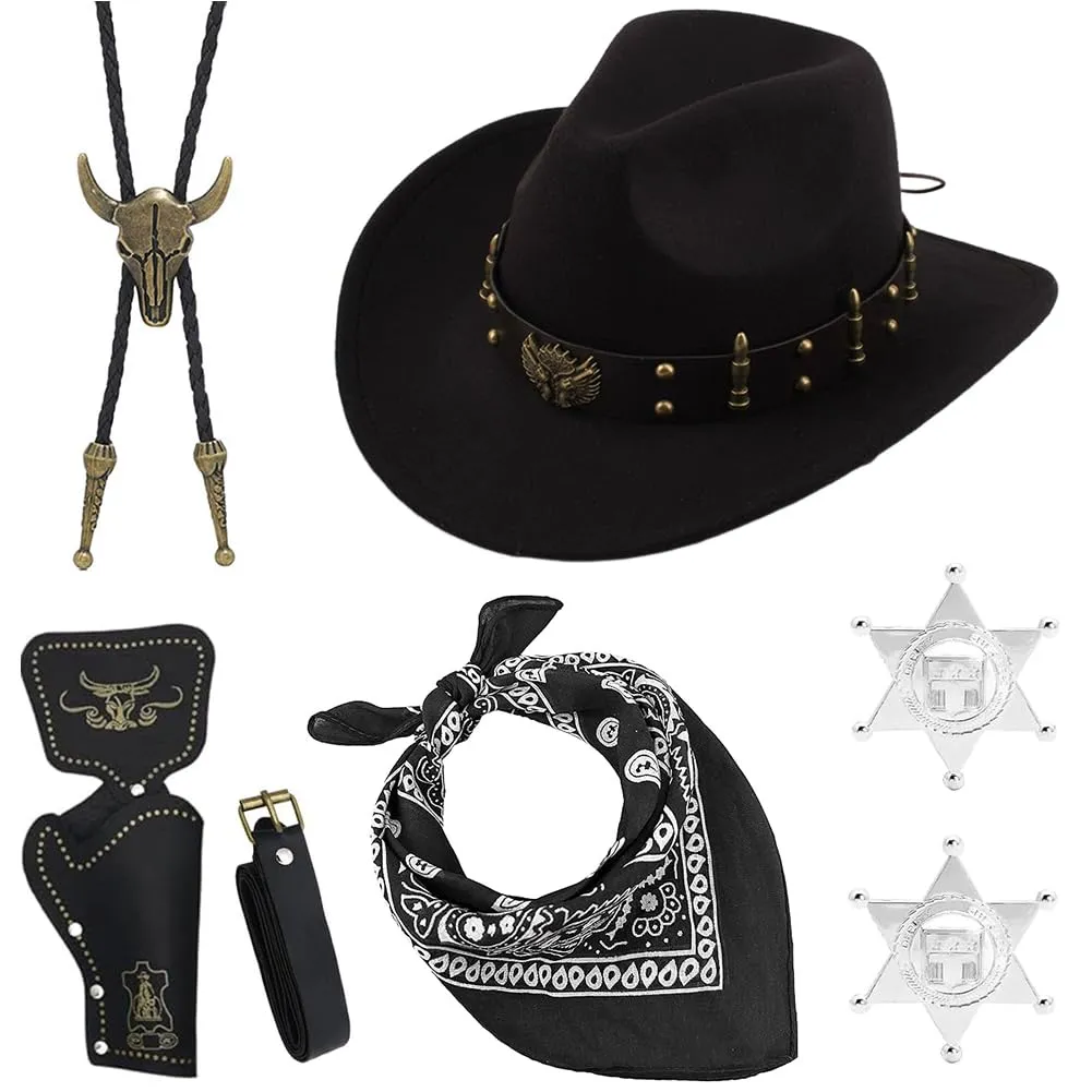 WFKKMEQ Costume da Cowboy, Set 7 Pezzi con Cappello, Bandana, Fondine, Cinture, Collana e Distintivo (Nero) - immagine 1