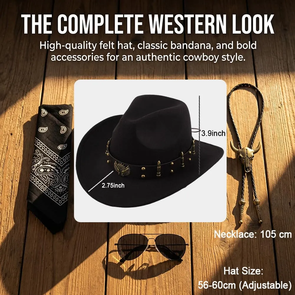 WFKKMEQ Costume da Cowboy, Set 7 Pezzi con Cappello, Bandana, Fondine, Cinture, Collana e Distintivo (Nero) - immagine 2