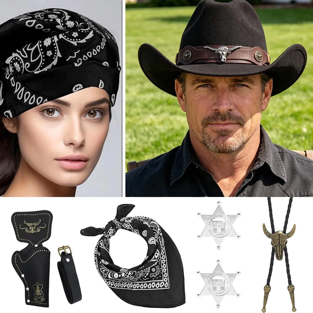 WFKKMEQ Costume da Cowboy, Set 7 Pezzi con Cappello, Bandana, Fondine, Cinture, Collana e Distintivo (Nero) - immagine 3