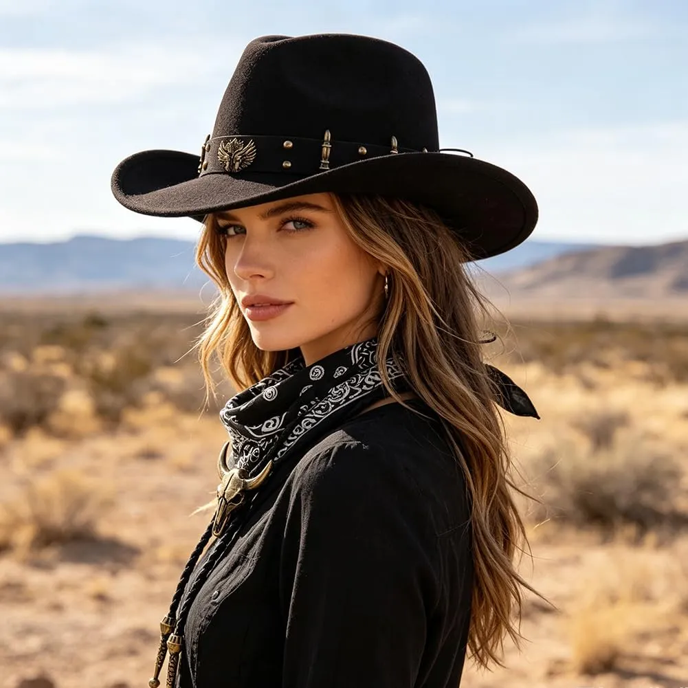 WFKKMEQ Costume da Cowboy, Set 7 Pezzi con Cappello, Bandana, Fondine, Cinture, Collana e Distintivo (Nero) - immagine 7