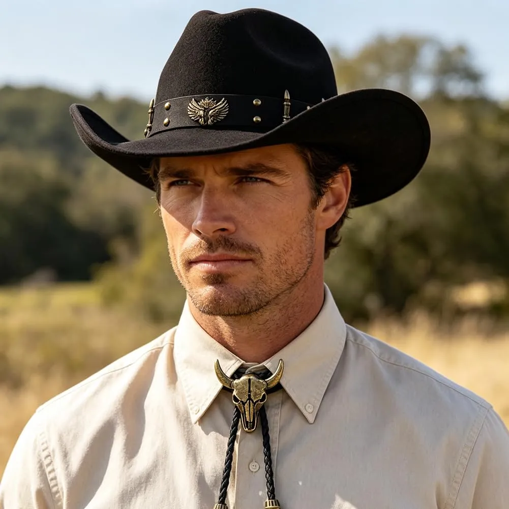 WFKKMEQ Costume da Cowboy, Set 7 Pezzi con Cappello, Bandana, Fondine, Cinture, Collana e Distintivo (Nero) - immagine 8