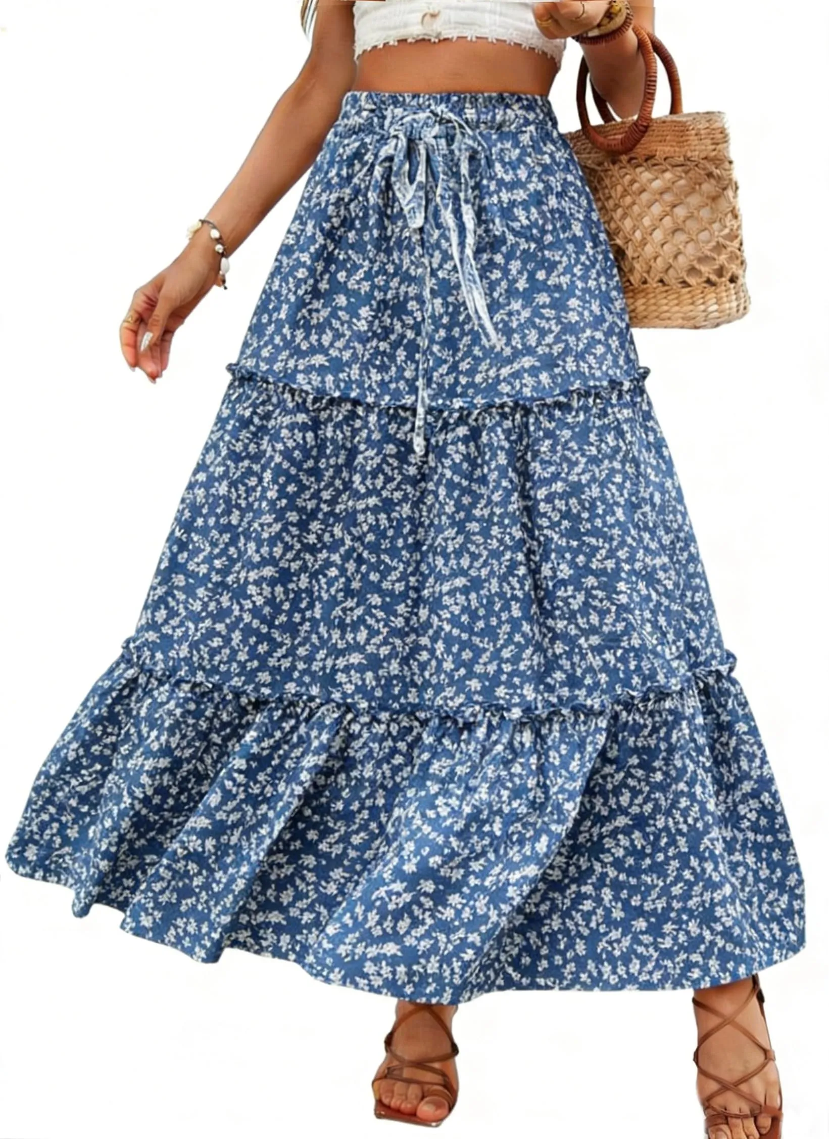 Vossmi Gonna Lunga Donna Casual Maxi A-Line con Vita Alta Elastica e Coulisse, Blu, M - immagine 1