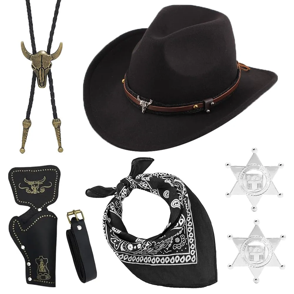 WFKKMEQ Set Accessori Costume da Cowboy 7 Pezzi con Cappello, Bandana, Fondine, Cinture, Collana e Distintivo (Marrone) - immagine 1