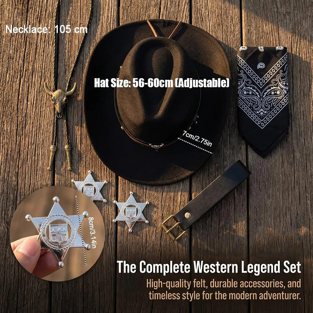 WFKKMEQ Set Accessori Costume da Cowboy 7 Pezzi con Cappello, Bandana, Fondine, Cinture, Collana e Distintivo (Marrone) - immagine 2