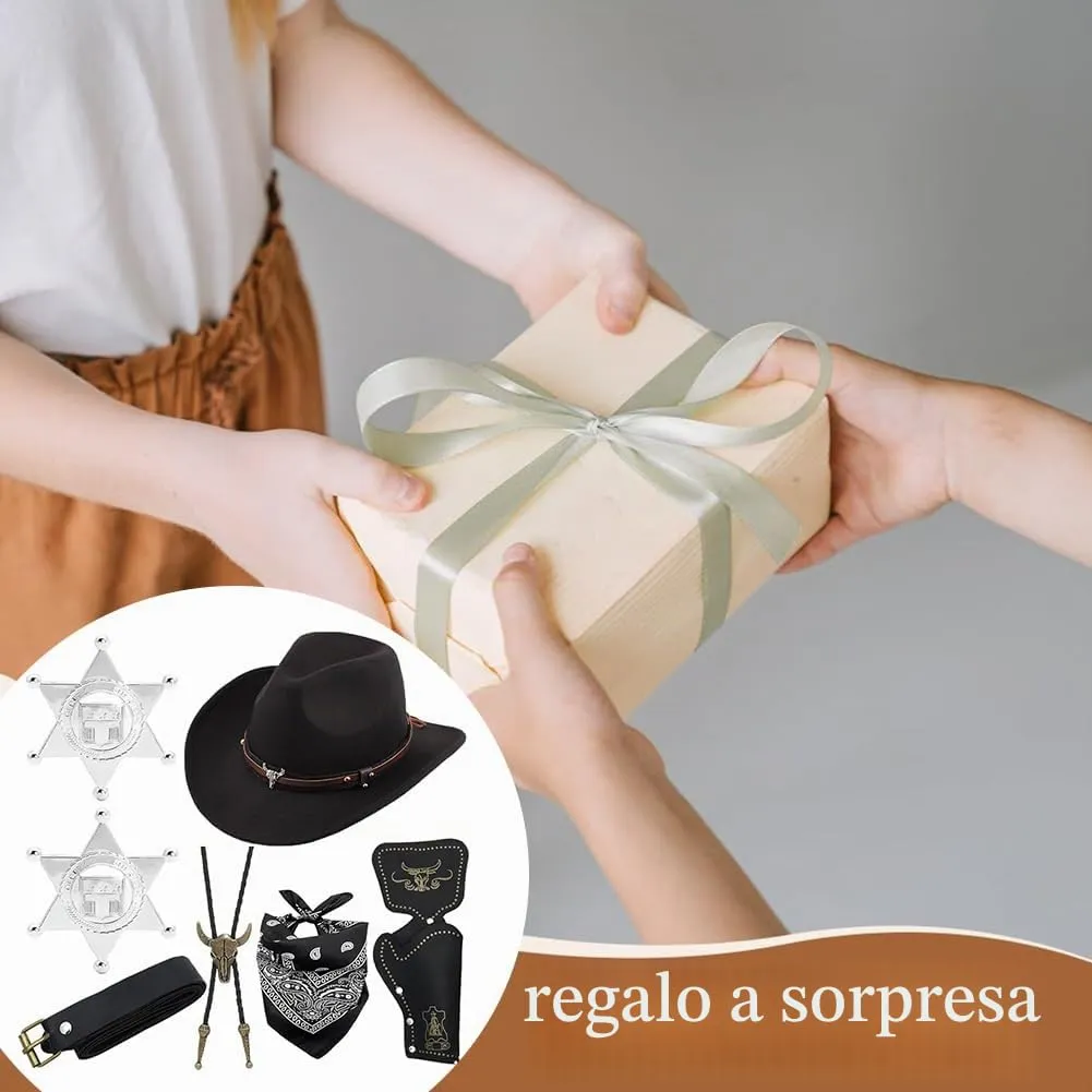 WFKKMEQ Set Accessori Costume da Cowboy 7 Pezzi con Cappello, Bandana, Fondine, Cinture, Collana e Distintivo (Marrone) - immagine 6