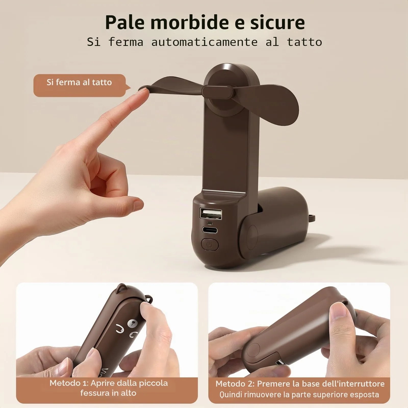 Morelax Mini Ventilatore a Mano 3 in 1, 2000 mAh, Ricaricabile USB, Powerbank e Torcia, Marrone - immagine 5