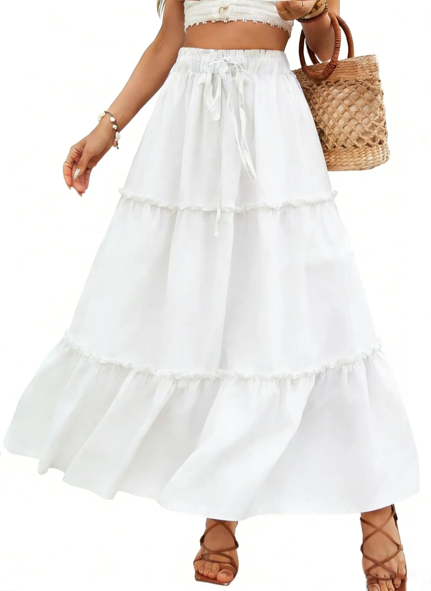 Vossmi Gonna Lunga Casual da Donna, Vita Alta Boho Floreale, Taglio A-Line con Tasche, Bianco, L - immagine 1