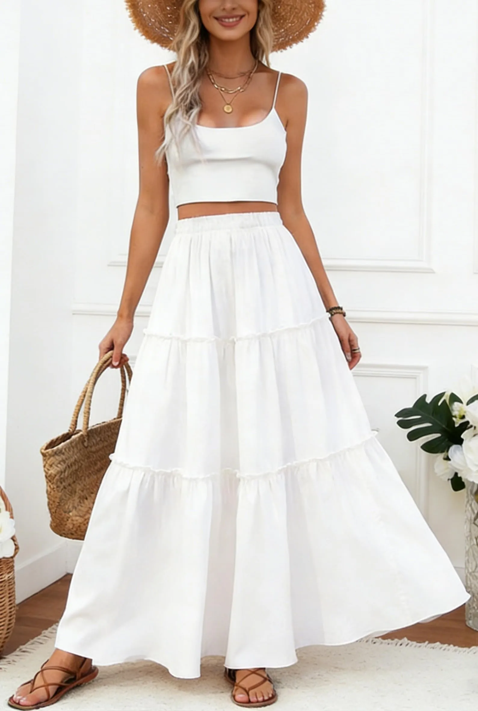 Vossmi Gonna Lunga Casual da Donna, Vita Alta Boho Floreale, Taglio A-Line con Tasche, Bianco, L - immagine 5