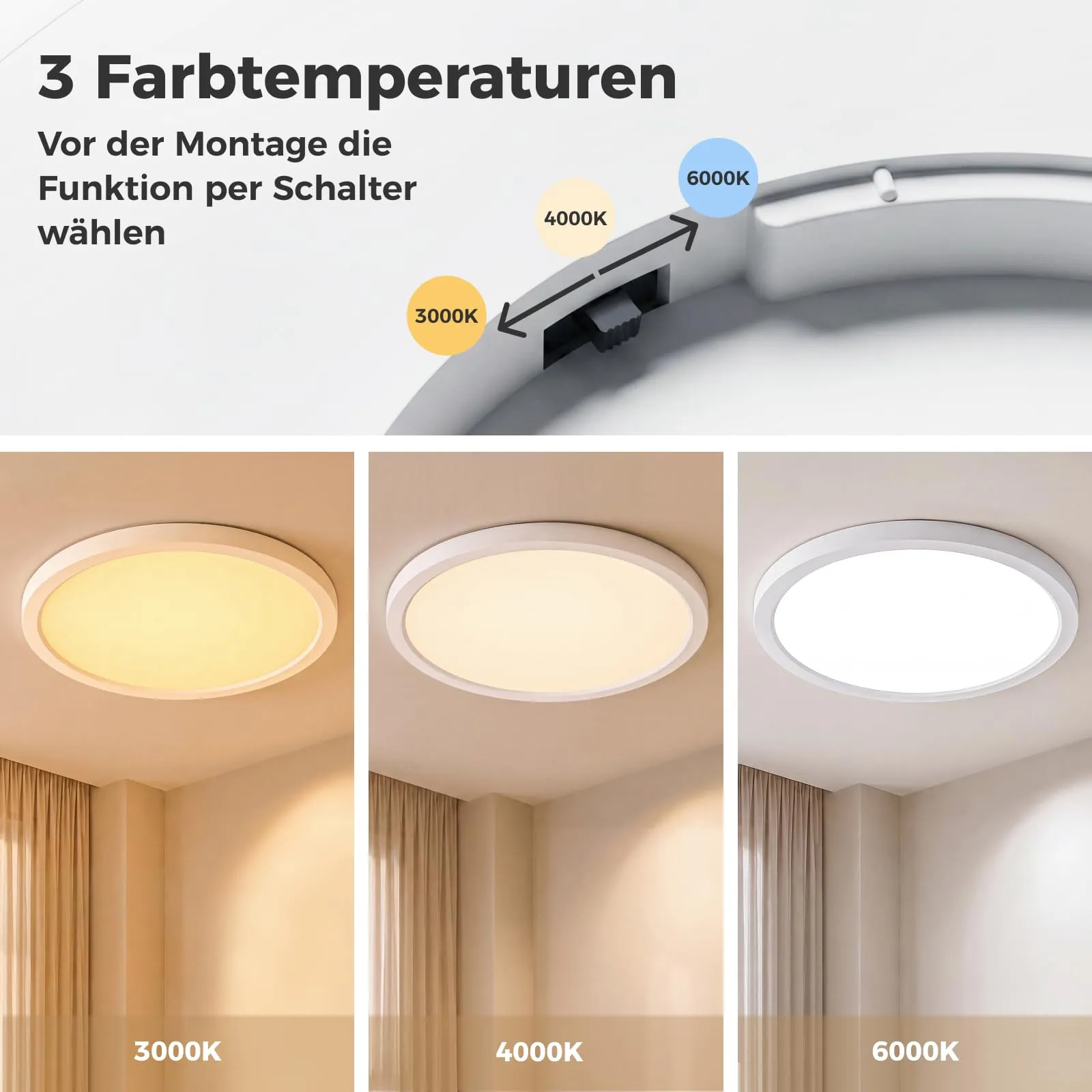 LQWELL Plafoniera a LED IP44, 12W, 1320LM, 3000K/4000K/6000K, 180 x 18 mm - immagine 2