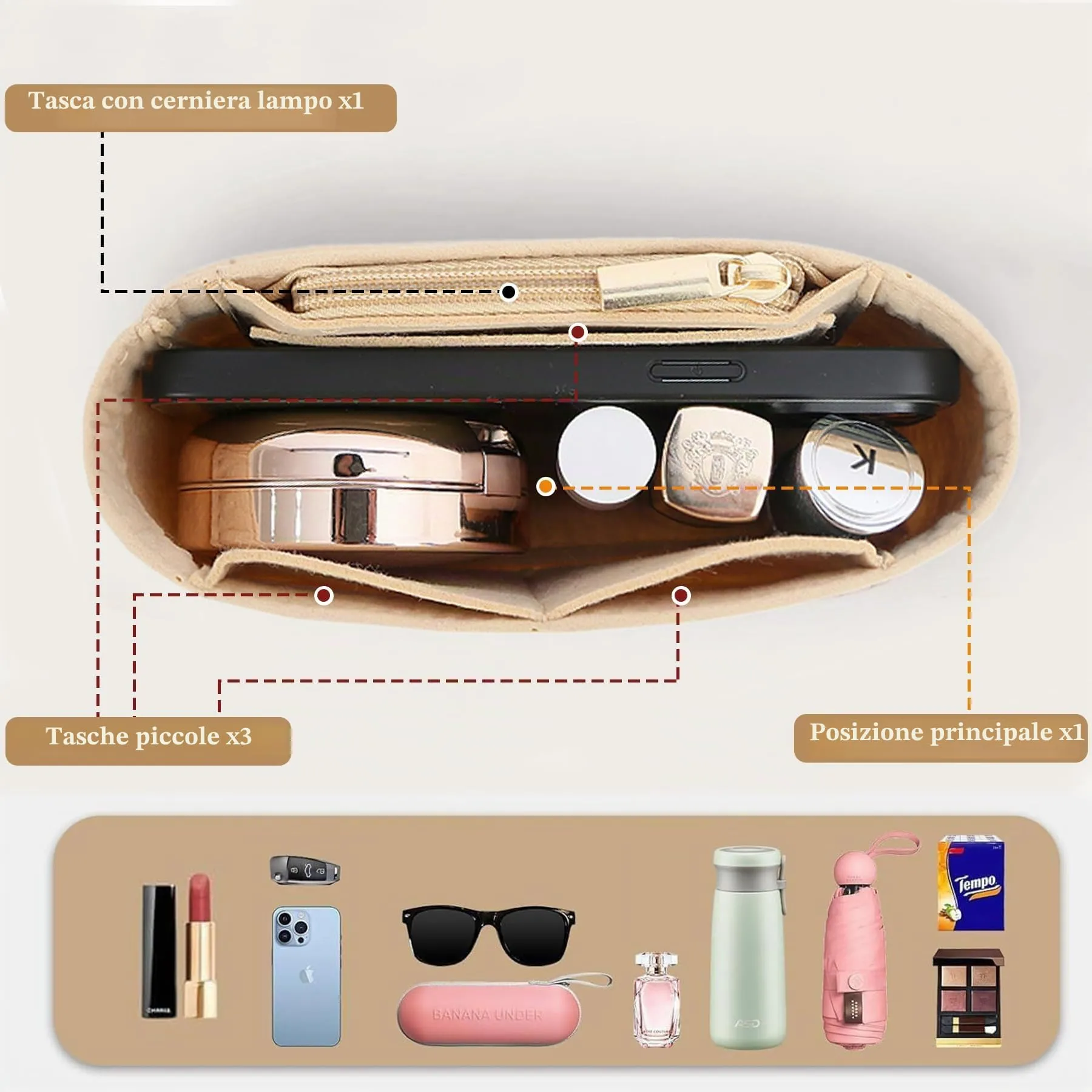 Sunshine Smile Organizer per Longchamp Pliage Feltro Borsa Donna Inserto Multitasche Mini Style B Beige - immagine 4