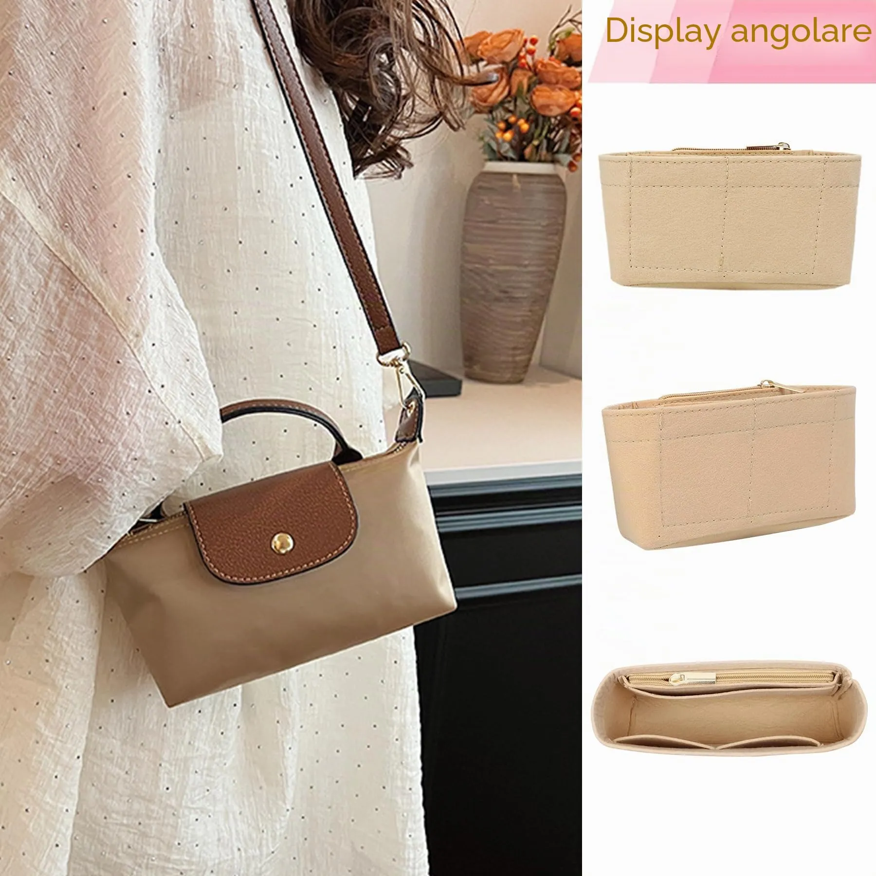 Sunshine Smile Organizer per Longchamp Pliage Feltro Borsa Donna Inserto Multitasche Mini Style B Beige - immagine 5