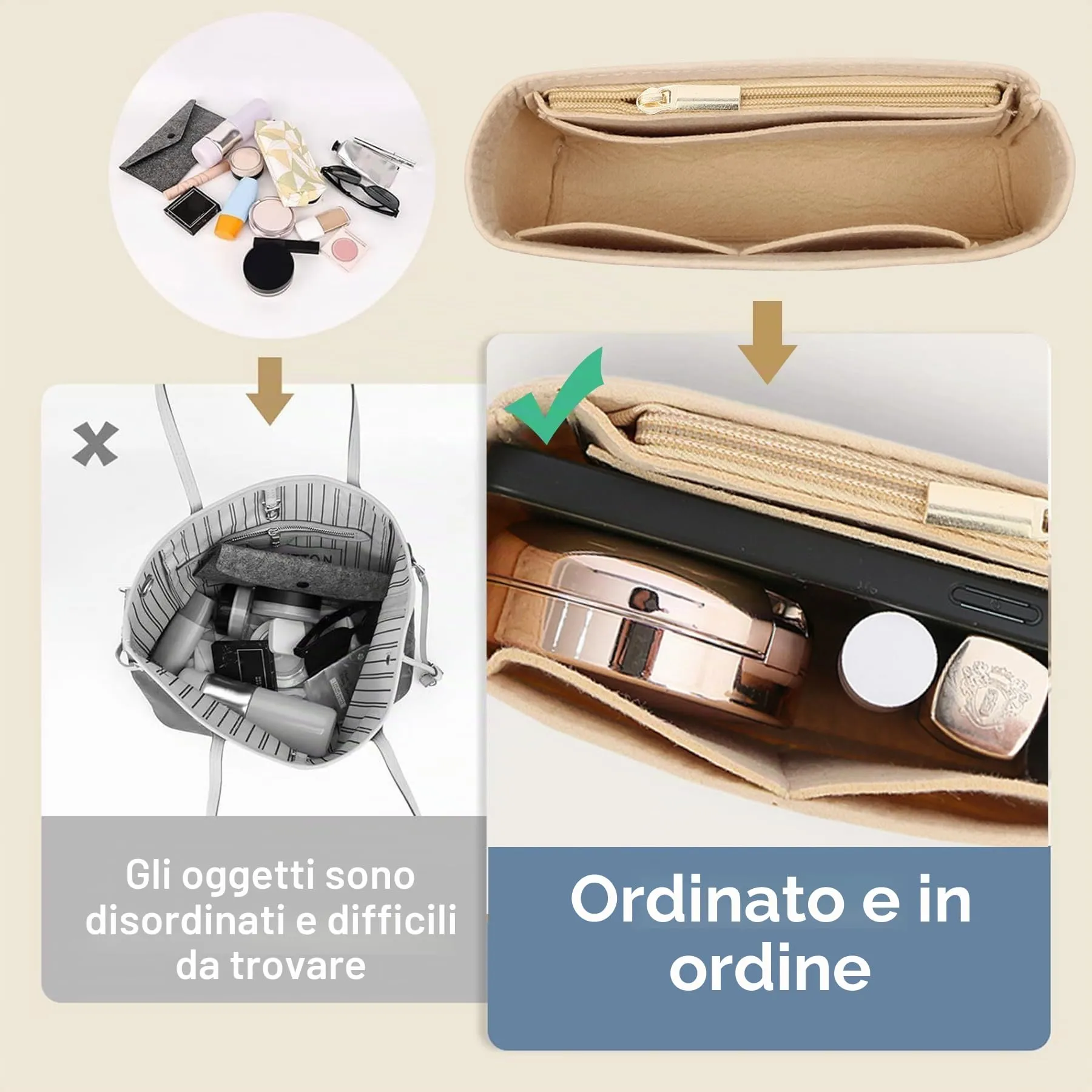 Sunshine Smile Organizer per Longchamp Pliage Feltro Borsa Donna Inserto Multitasche Mini Style B Beige - immagine 6