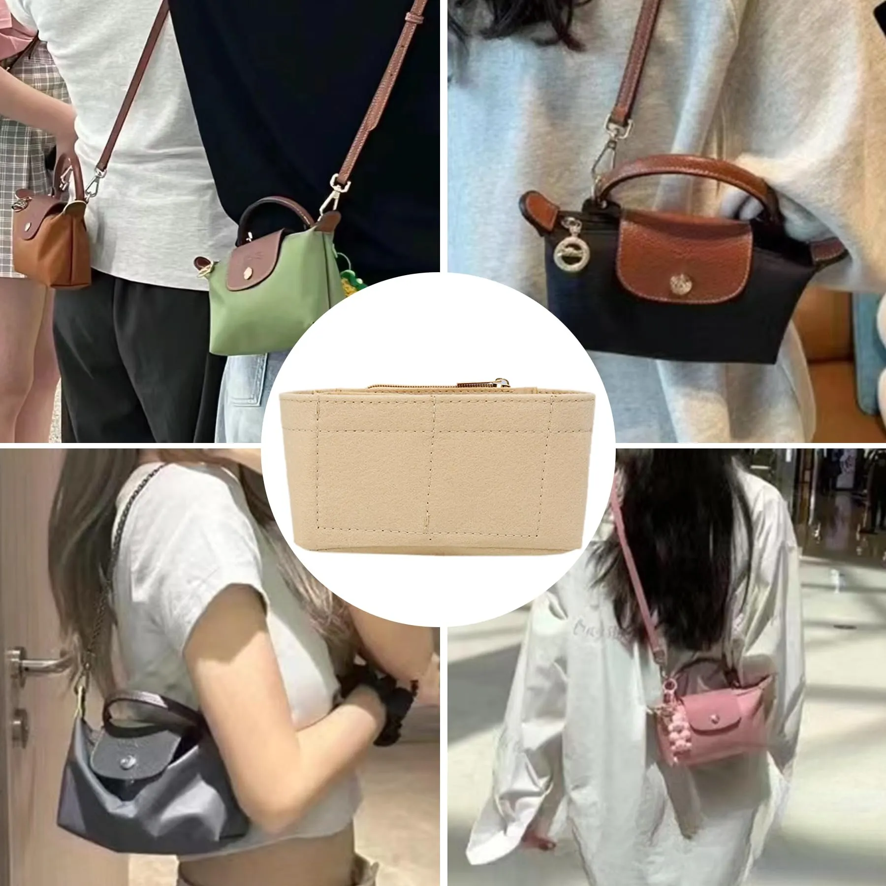 Sunshine Smile Organizer per Longchamp Pliage Feltro Borsa Donna Inserto Multitasche Mini Style B Beige - immagine 7