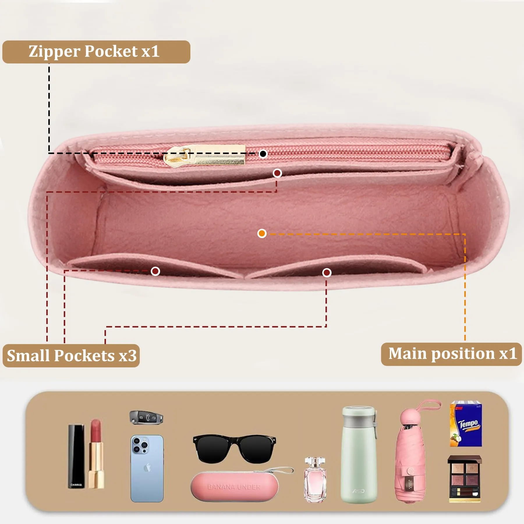 Sunshine Smile Organizer in Feltro per Longchamp Pliage Borsa Donna, Mini B, Rosa - immagine 4