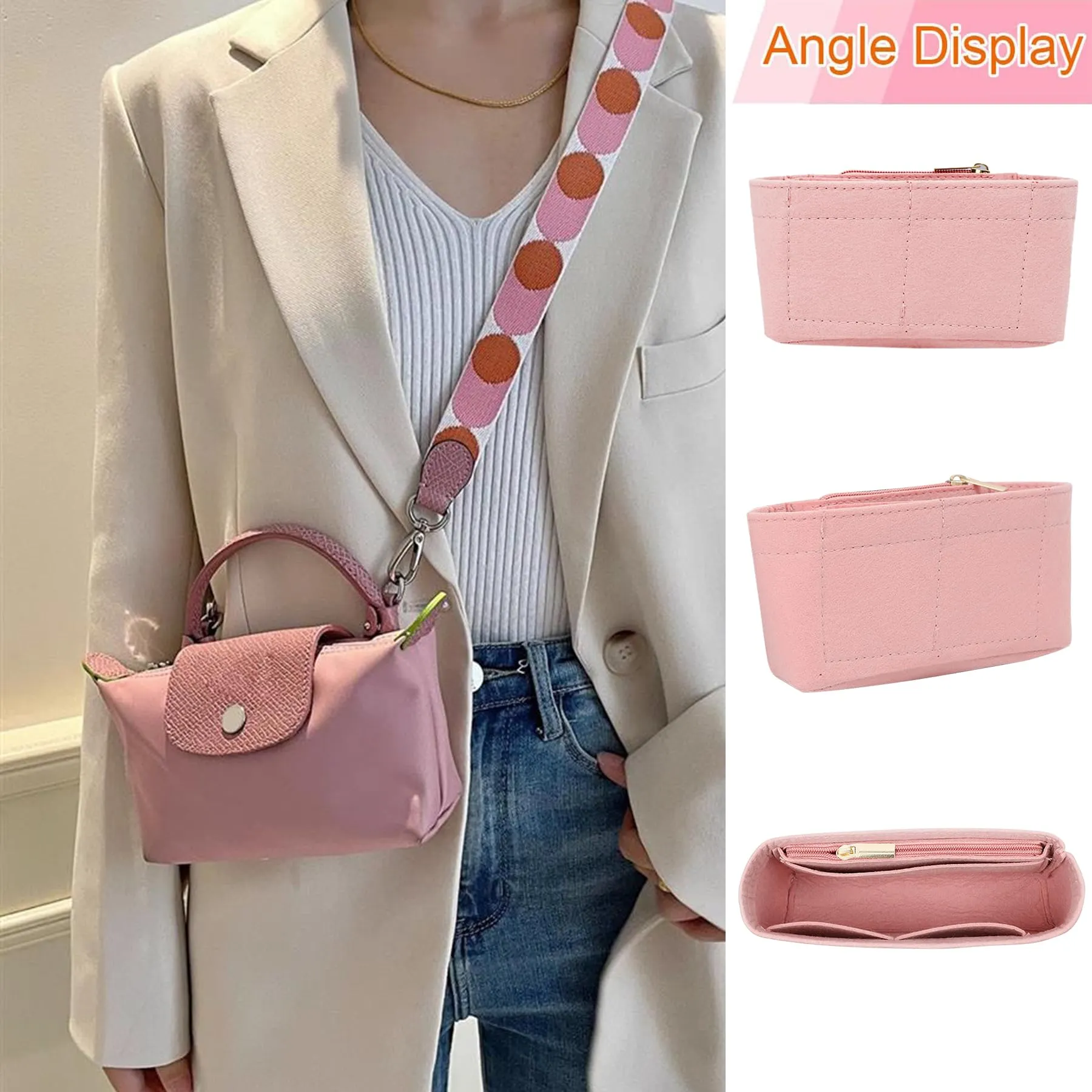 Sunshine Smile Organizer in Feltro per Longchamp Pliage Borsa Donna, Mini B, Rosa - immagine 5