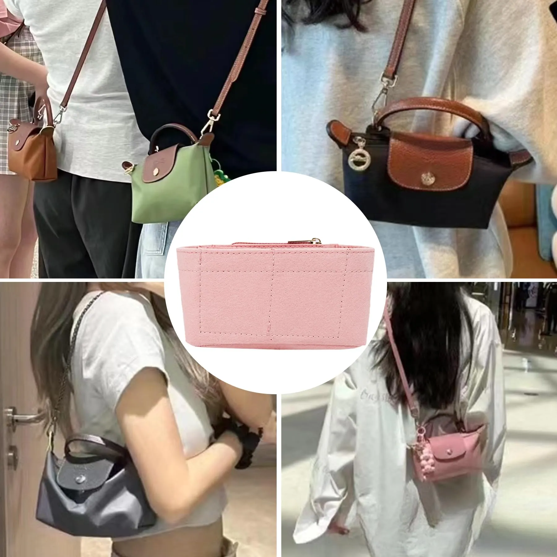 Sunshine Smile Organizer in Feltro per Longchamp Pliage Borsa Donna, Mini B, Rosa - immagine 7