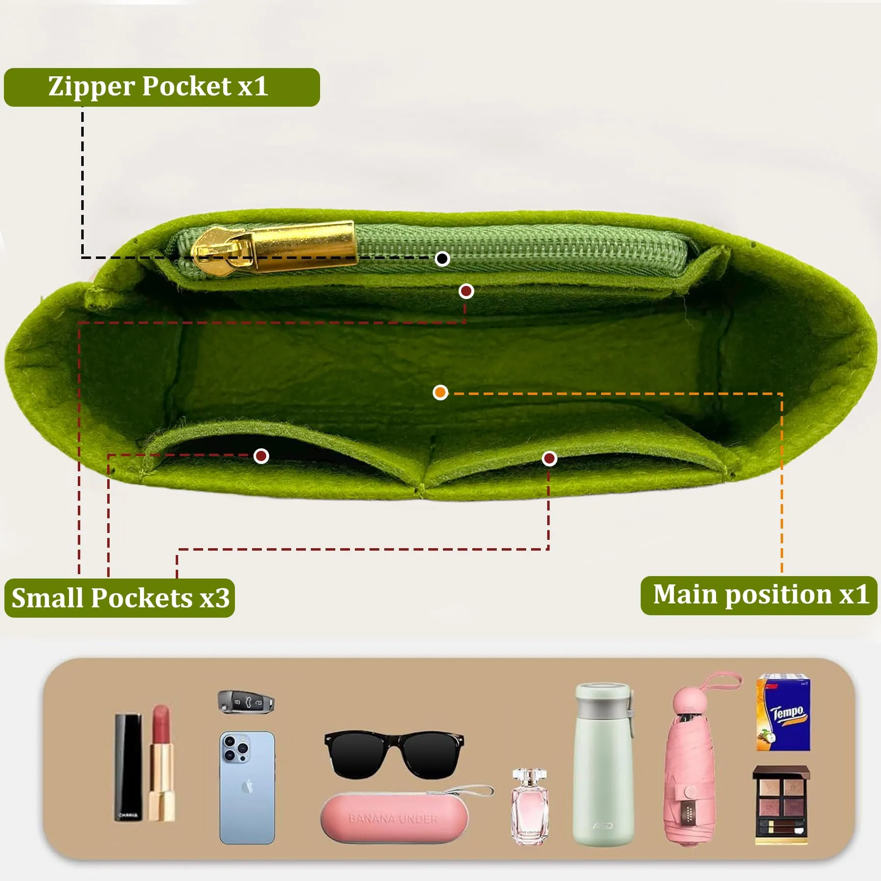 Sunshine smile Organizer Interno in Feltro per Longchamp Pliage Mini (Style B) - Verde - immagine 4