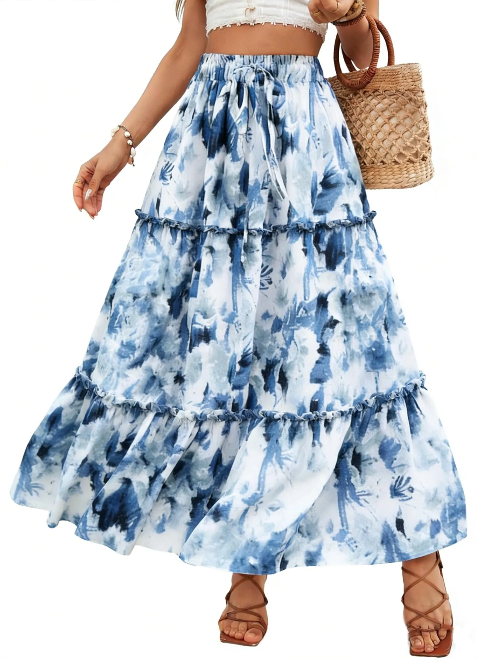 Vossmi Gonna Lunga Casual da Donna Vita Alta Midi Pieghettata Blu e Bianco, S - immagine 1