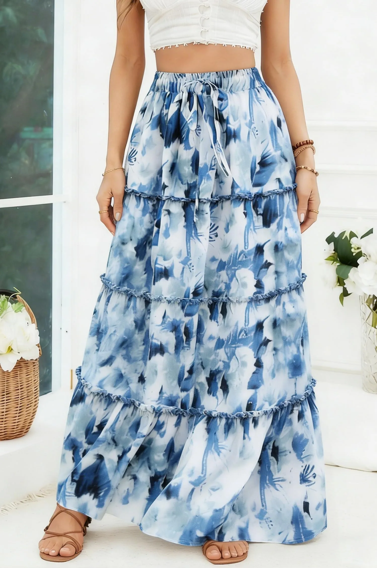 Vossmi Gonna Lunga Casual da Donna Vita Alta Midi Pieghettata Blu e Bianco, S - immagine 4