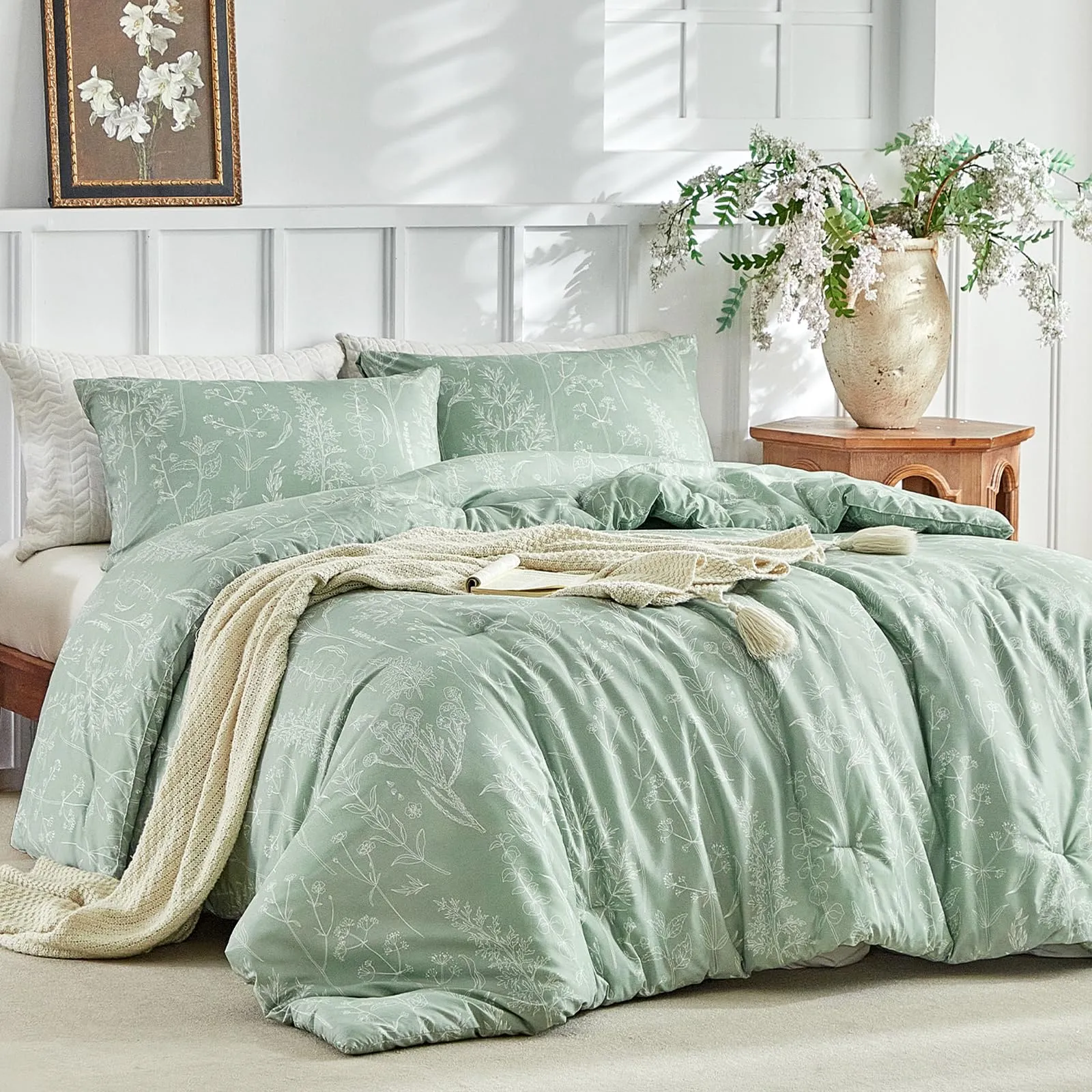 Tokokimo Set Copripiumino Matrimoniale 260x240cm in Microfibra, Stile Rami e Foglie, Verde Salvia, 1 Copripiumino + 2 Federe 50x80cm - immagine 1