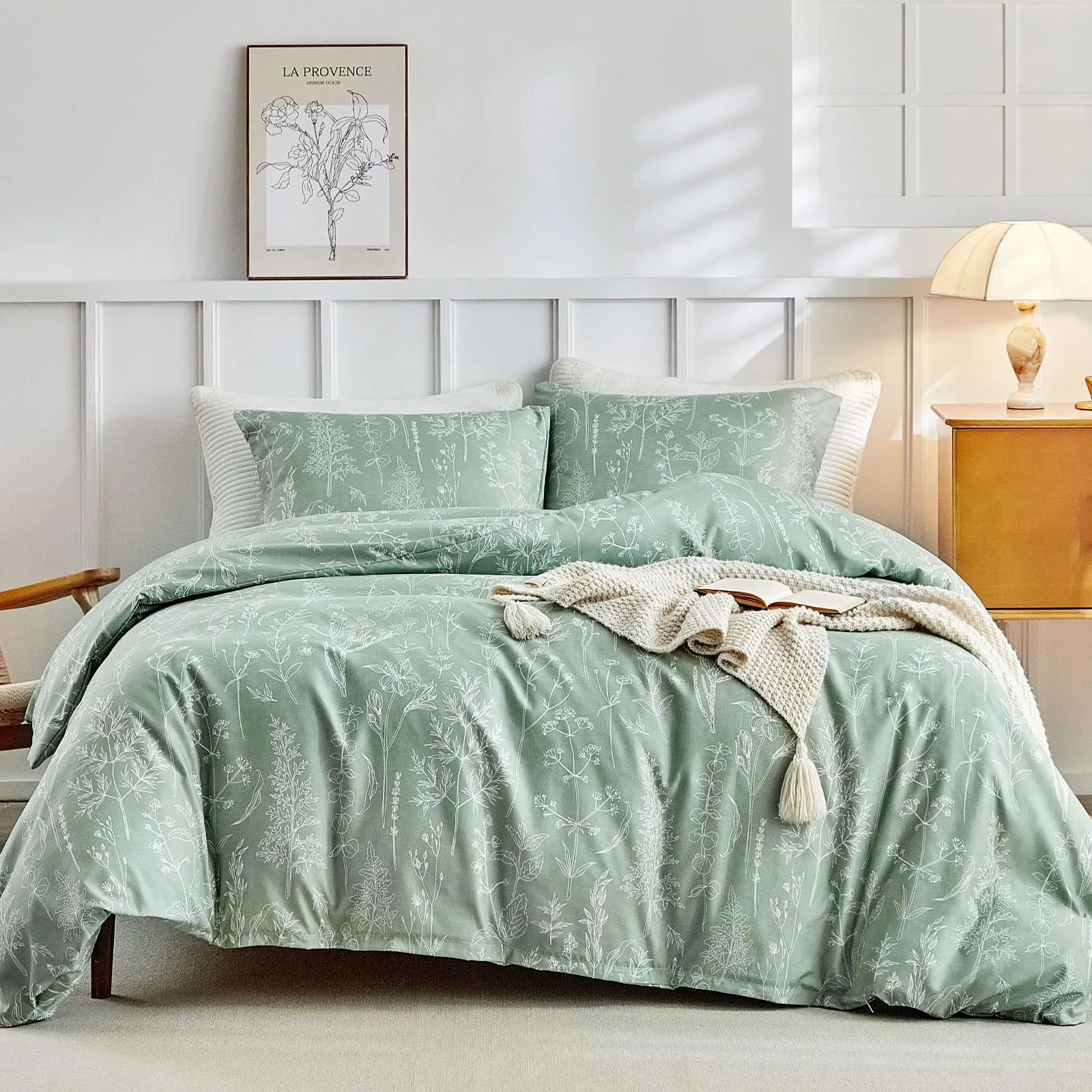 Tokokimo Set Copripiumino Matrimoniale 260x240cm in Microfibra, Stile Rami e Foglie, Verde Salvia, 1 Copripiumino + 2 Federe 50x80cm - immagine 2