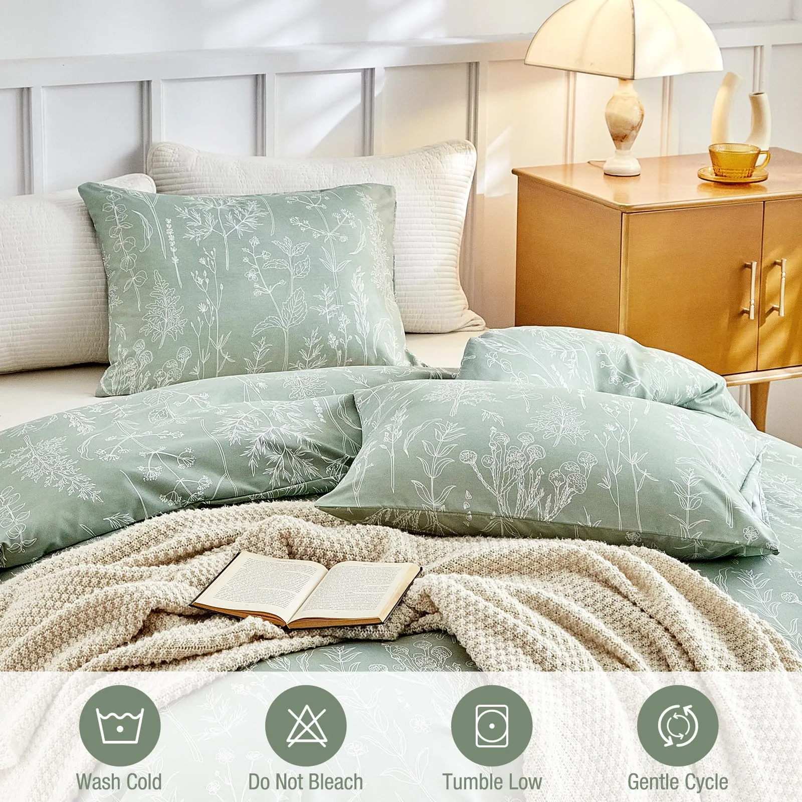 Tokokimo Set Copripiumino Matrimoniale 260x240cm in Microfibra, Stile Rami e Foglie, Verde Salvia, 1 Copripiumino + 2 Federe 50x80cm - immagine 5