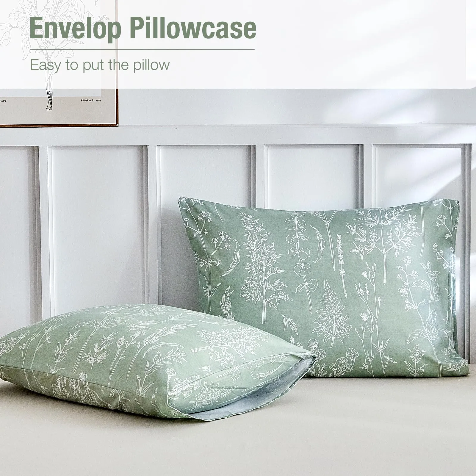 Tokokimo Set Copripiumino Matrimoniale 260x240cm in Microfibra, Stile Rami e Foglie, Verde Salvia, 1 Copripiumino + 2 Federe 50x80cm - immagine 6