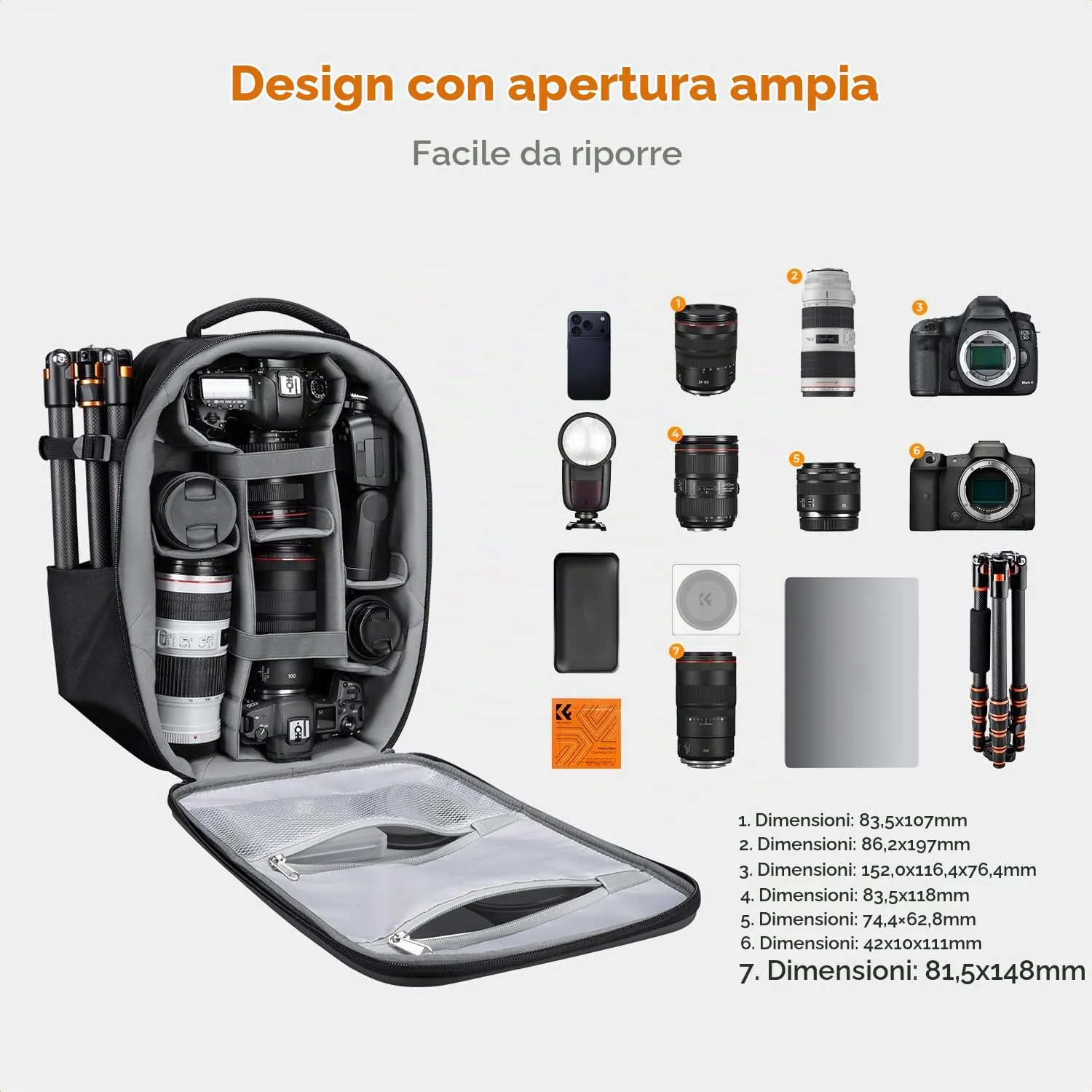 K&F Concept Zaino Fotografico Antiurto Impermeabile 44cm Grigio Scuro - immagine 2
